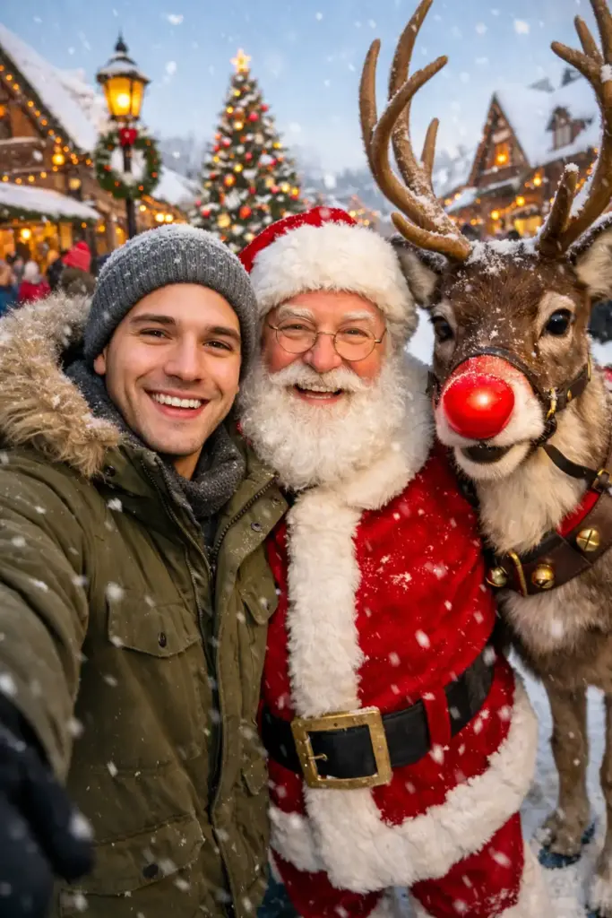 Create a cheerful winter selfie set in a festive snow-covered village. In the foreground, a young man holds the camera at arm's length, creating a natural wide-angle selfie perspective. He wears a warm olive-green winter parka with a fur-trimmed hood, dark gloves, and a casual winter outfit, smiling confidently at the camera. Standing closely beside him is a classic Santa Claus figure in a traditional red velvet suit with white fur trim, round glasses, a full white beard, and a friendly, joyful expression. On the other side is a reindeer wearing a harness, complete with a shiny bright red nose that adds a playful, whimsical touch. Use aspect ratio 3:4.