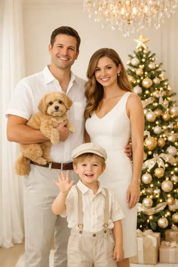 Create a bright, elegant Christmas family portrait set in a minimal, softly lit interior. A family of three stands together in front of a beautifully decorated Christmas tree adorned with gold and champagne ornaments, warm white fairy lights, and a star topper. The overall setting feels airy, refined, and luxurious, with creamy white walls and a delicate crystal chandelier glowing overhead. The father wears a crisp white short-sleeve button-up shirt and light neutral trousers, holding a small fluffy dog with warm golden fur. He smiles naturally at the camera. Beside him stands the mother in a sleeveless, fitted white midi dress, styled elegantly with subtle jewelry and neutral heels, smiling warmly. In front of them, a small child stands playfully, waving toward the camera, dressed in a light-toned, vintage-inspired outfit with soft stripes. Use aspect ratio 3:4.