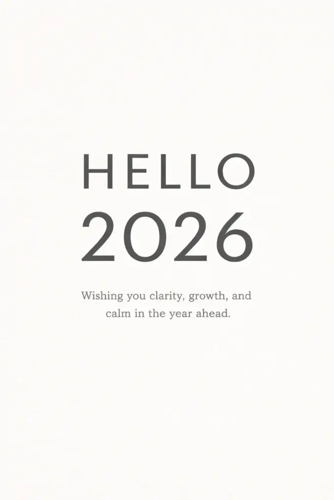 Create a modern digital New Year card with a soft off-white background featuring a subtle paper grain texture. Place large bold sans-serif typography at the center displaying the text "HELLO 2026" in muted charcoal color. Below it, add smaller light-weight text reading "Wishing you clarity, growth, and calm in the year ahead". Maintain generous white space, perfect alignment, and a clean minimalist aesthetic. Use aspect ratio 3:4.