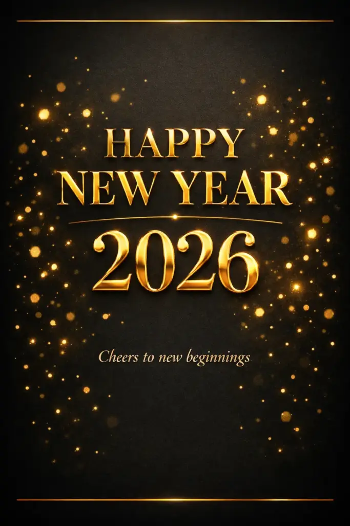 Create an elegant luxury New Year card with a deep matte black background and gentle vignette edges. Use metallic gold foil-style typography to display "HAPPY NEW YEAR 2026" with realistic shine and reflections. Add soft glowing gold particles floating in the background and thin gold accent lines for refinement. Below, include smaller serif text reading "Cheers to new beginnings". Use aspect ratio 3:4.