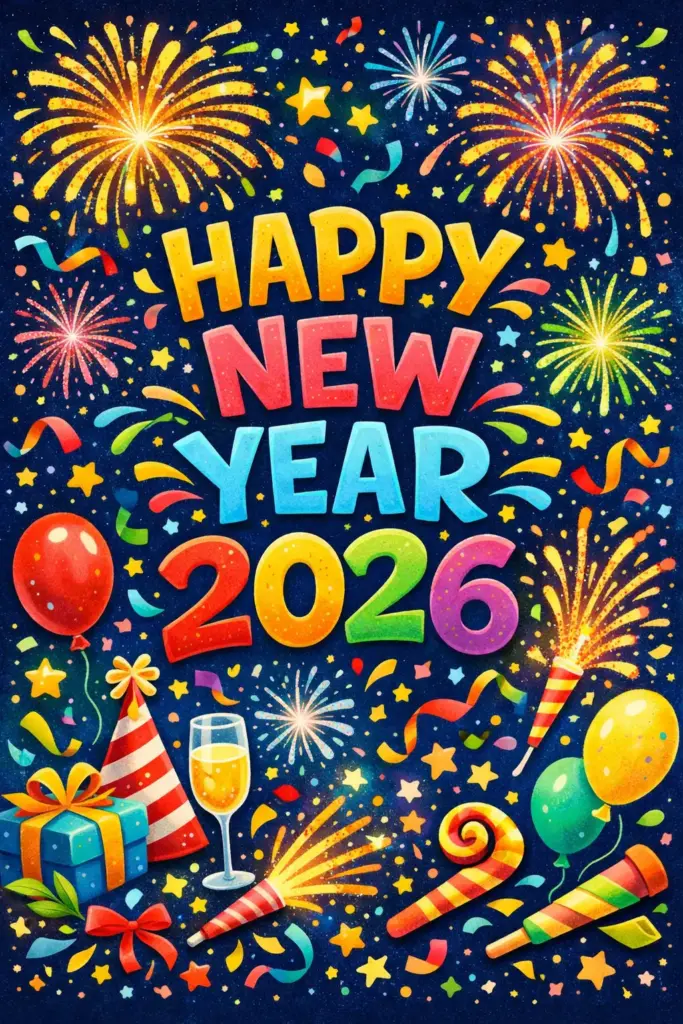 Create a vibrant illustrated New Year card with a midnight blue sky background filled with colorful hand-drawn fireworks, confetti, and sparkles. Place bold playful lettering in the center displaying "HAPPY NEW YEAR", with "2026" beneath it in large bright numbers. Use layered illustration elements to create depth and a joyful celebratory mood. Use aspect ratio 3:4.