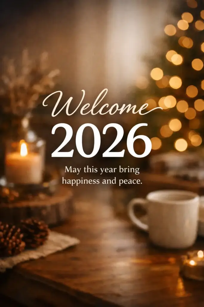 Create a photo-based New Year card using a warm lifestyle background photo with soft natural lighting and shallow depth of field. Apply a subtle dark gradient overlay to the image. Overlay clean modern text reading "Welcome 2026" in white, with smaller text below saying "May this year bring happiness and peace". Keep the mood warm, optimistic, and natural. Use aspect ratio 3:4.