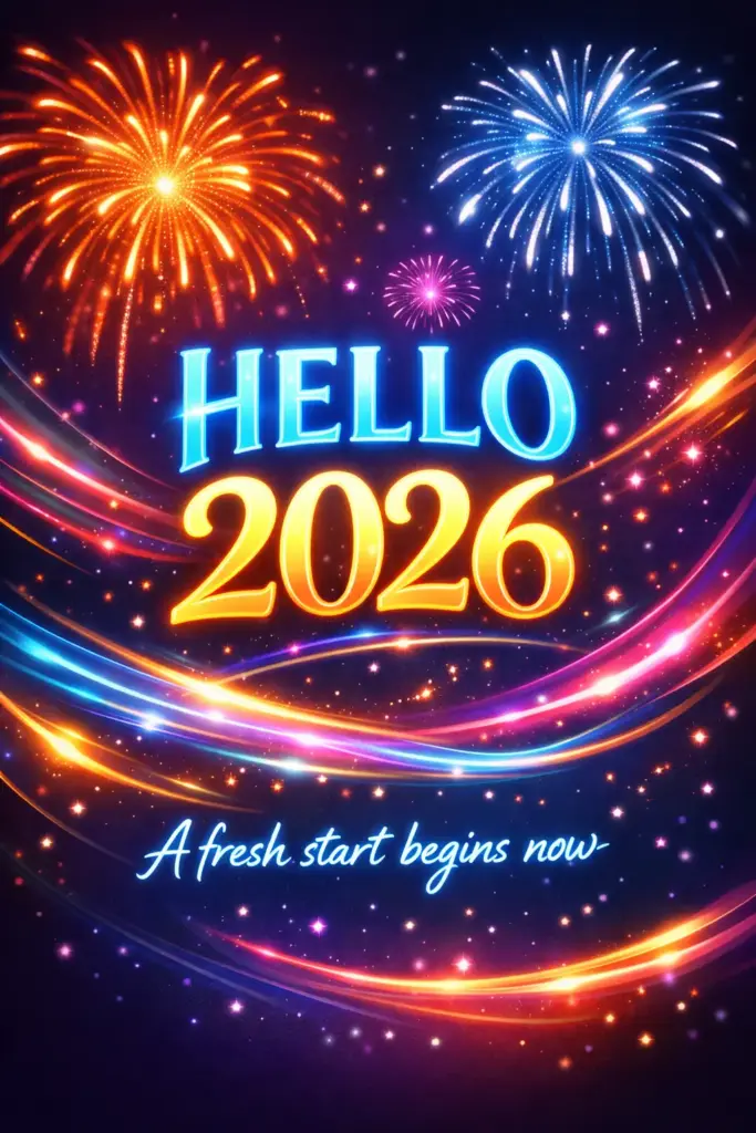 Create a digital New Year card that visually feels animated, using a dark gradient background transitioning from deep purple to midnight blue. Add glowing light trails, motion-blur style fireworks, and luminous typography displaying "HELLO 2026". Beneath it, include glowing text that reads "A fresh start begins now". The design should suggest motion while remaining a static image. Use aspect ratio 3:4.