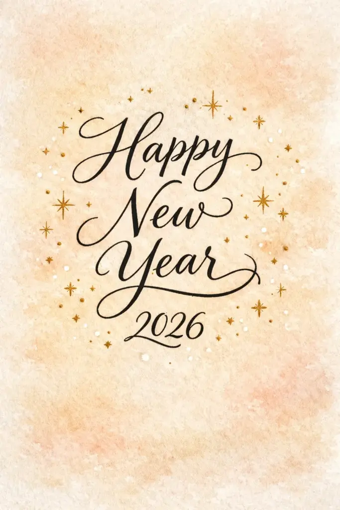 Create a warm, personal New Year card with a soft textured background resembling handmade paper or watercolor wash. Use elegant handwritten calligraphy to display "Happy New Year" with "2026" written just below in a complementary style. Add small delicate stars and dots around the text for charm, keeping the design cozy and intimate. Use aspect ratio 3:4.