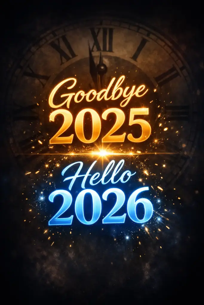Create a countdown-themed New Year card with a dark background featuring a large faded clock face subtly blended into the backdrop. Highlight bold glowing typography in the center displaying "Goodbye 2025" above "Hello 2026". Add soft light flares and subtle spark effects to represent the moment of transition. Use aspect ratio 3:4.