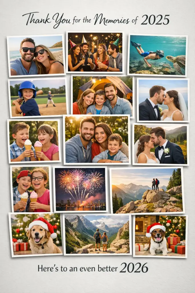 Create a digital New Year card designed as a photo collage featuring multiple rectangular photo frames arranged neatly on a neutral background. Add soft drop shadows under each image. At the top, include text reading "Thank You for the Memories of 2025", and at the bottom add "Here's to an even better 2026" in clean modern typography. Use aspect ratio 3:4.