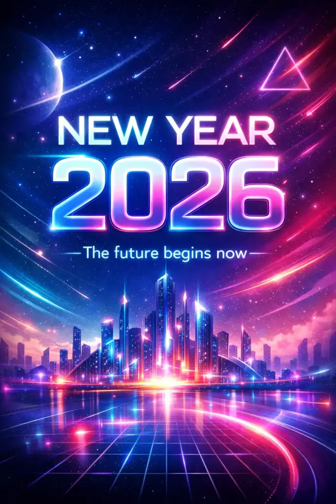 Create a futuristic New Year card with an abstract digital background featuring neon gradients, glowing geometric shapes, and a subtle sci-fi cityscape. Use modern typography with light glow effects to display "NEW YEAR 2026". Below it, include the line "The future begins now". The overall look should feel bold, imaginative, and forward-looking. Use aspect ratio 3:4.