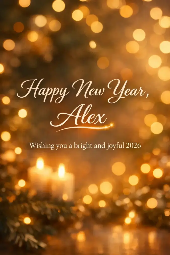 Create a personalized New Year card with a softly blurred festive background featuring warm glowing lights. Display elegant centered typography reading "Happy New Year, Alex" with "Wishing you a bright and joyful 2026" below it. Highlight the name with a subtle glow or underline to emphasize personalization while keeping the design warm and thoughtful. Use aspect ratio 3:4.