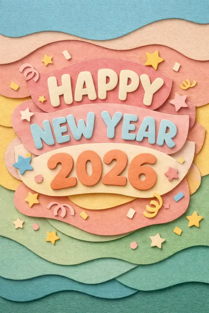 Create a New Year card using a layered paper-cut illustration style. Use soft pastel paper textures stacked with visible depth and shadows. Place rounded typography in the center displaying "HAPPY NEW YEAR 2026". Add small cutout stars and confetti shapes floating gently around the text. The mood should feel playful and handcrafted. Use aspect ratio 3:4.