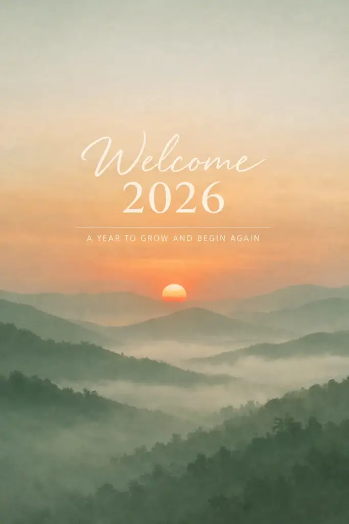 Create a serene New Year card with a minimal nature background showing a soft sunrise over mountains or hills, slightly misty and calm. Use muted natural colors like sage green and warm orange. Place centered text reading "Welcome 2026" with a smaller line below saying "A year to grow and begin again". Use aspect ratio 3:4.