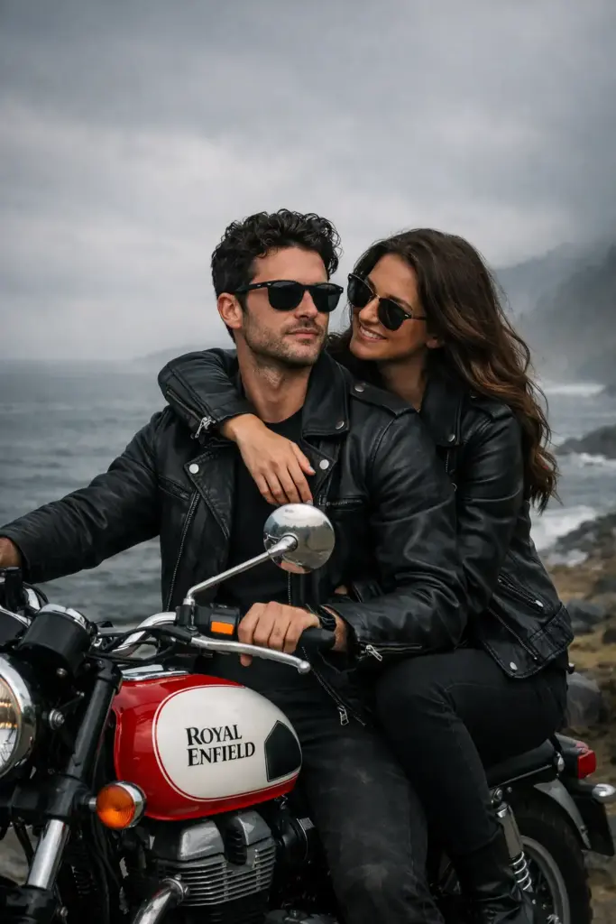 Create a cinematic, adventurous couple portrait captured on a misty, overcast coastline. The couple sits together on a classic Royal Enfield motorcycle with a white-and-red tank, parked near the shoreline. Both wear matching black outfits and black leather jackets, giving the scene a bold, biker-romance aesthetic. The man, with a confident relaxed posture, sits at the front holding the handlebars, wearing dark sunglasses and looking off into the distance. The woman sits behind him, one arm wrapped around his shoulders, smiling warmly at him while also wearing sunglasses. The background features a moody grey sky, soft fog, and the calm ocean stretching into the horizon, creating a dramatic contrast with the dark clothing.