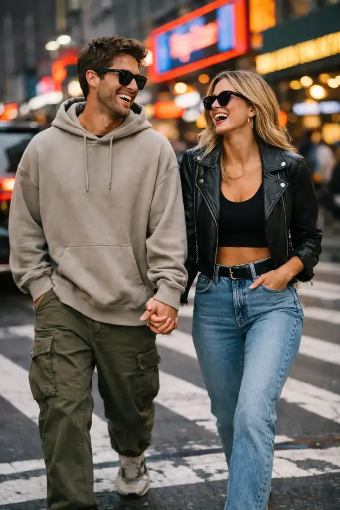 Create a candid portrait of a fashionable couple walking hand-in-hand across a busy city crosswalk. The man is in a relaxed oversized hoodie with cargo pants and sneakers, while the woman wears a crop top with a leather jacket and high-waisted jeans. Both are wearing sunglasses, laughing naturally as if caught mid-conversation. The background captures blurred neon signs and city cars, giving the photo a cool, modern, and urban Instagram street-style look.