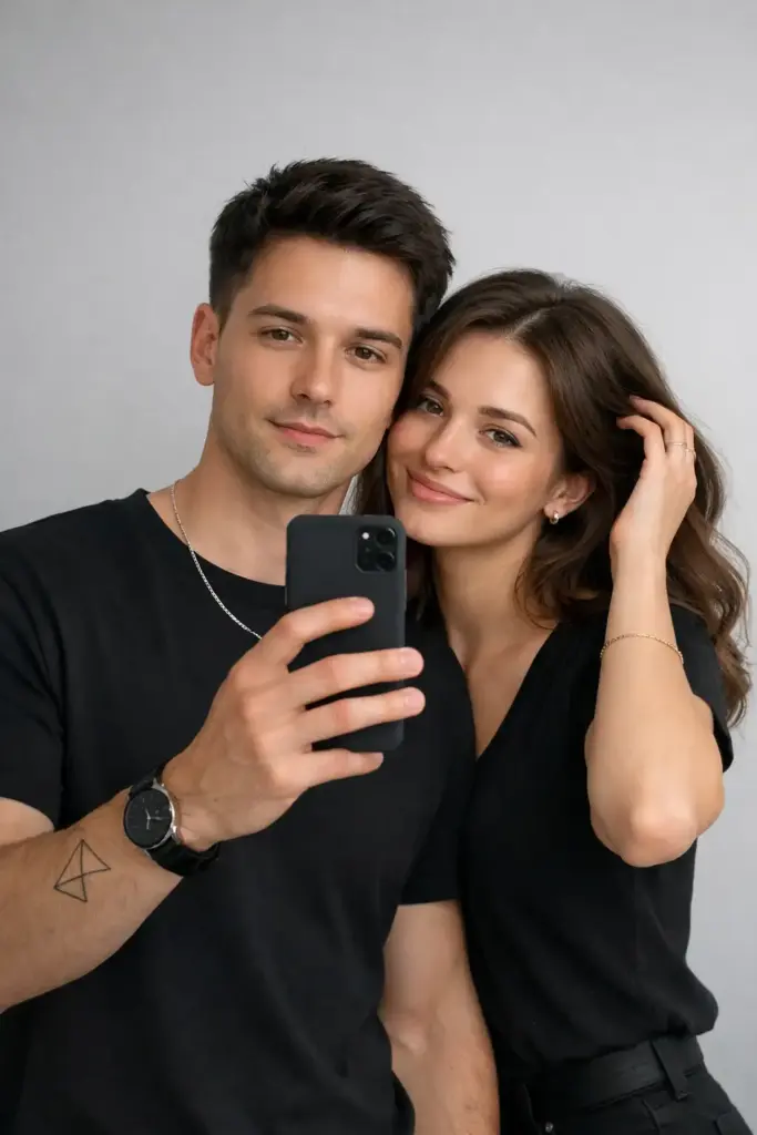 Create a clean, modern mirror selfie of a young couple standing close together against a soft gray background. The man holds a smartphone up to take the photo, his expression calm and composed. He wears a simple black shirt, a thin silver chain, and a black wristwatch, with a minimal geometric tattoo on his forearm. The woman stands slightly behind him, smiling warmly with her hand running through her softly curled brown hair. She wears a matching black top and a delicate gold bracelet, creating a sense of harmony and balance between them. The lighting is soft and natural, evenly illuminating their faces and highlighting their subtle expressions. The overall composition is minimalistic, intimate, and modern, with a smooth aesthetic that evokes a calm and affectionate mood.