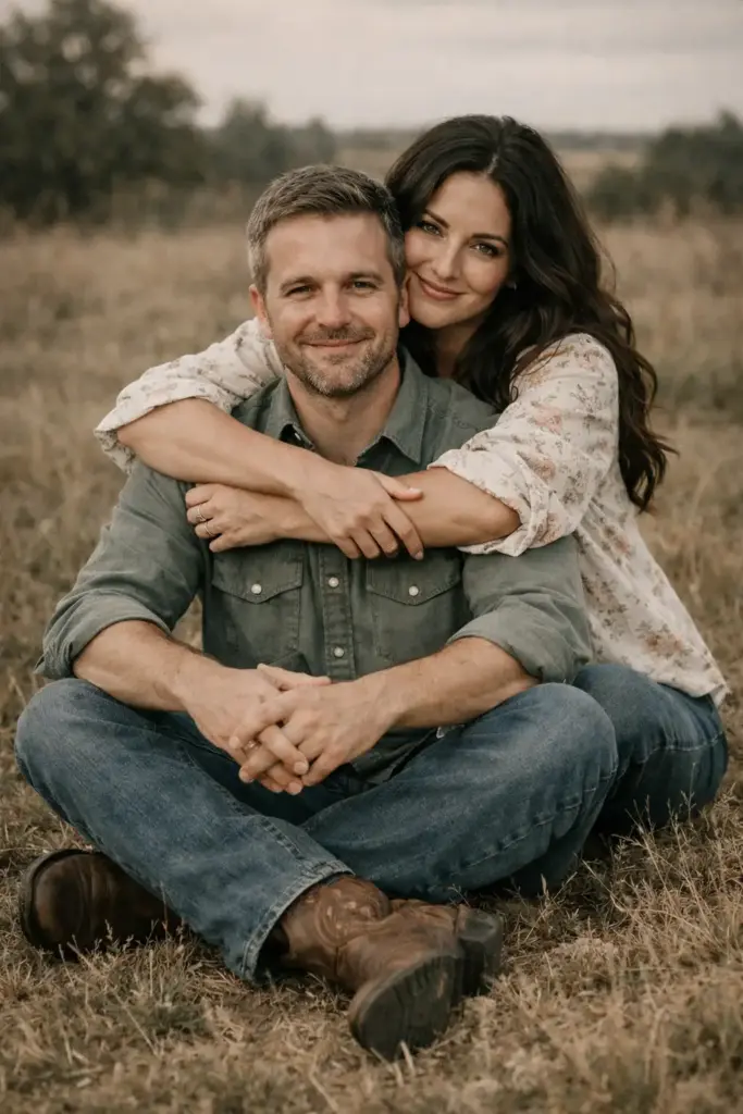 Create a warm, rustic outdoor portrait of a couple sitting together on a grassy field. The man sits cross-legged on the ground wearing a sage-green buttoned shirt, blue jeans, and brown leather cowboy boots with subtle stitching. He smiles gently, hands clasped loosely in front of him. The woman sits behind him, wrapping her arms around his shoulders with straight arms, crossing her wrists as she hugs him from behind. She has long wavy dark hair and wears a light cream floral blouse with soft, vintage-style patterns. Both look relaxed and affectionate. Capture the scene with muted, earthy tones and a slightly desaturated, film-inspired color grade.