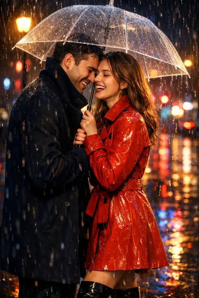 Create a romantic portrait of the couple standing close under a clear umbrella as raindrops fall around them. The man is in a dark navy coat with the collar turned up, while the woman wears a red trench coat with glossy boots. They're laughing together, their faces softly lit by nearby streetlights. The blurred background shows wet pavement reflecting neon colors, creating a cinematic rainy-night vibe.