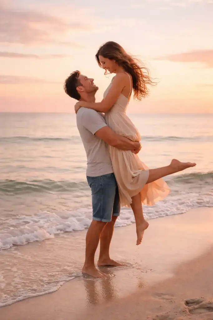 Create a joyful, romantic couples' portrait captured on a serene beach during a soft pastel sunset. The man stands barefoot at the edge of the water, gentle waves touching his feet as he lifts the woman into the air with both arms wrapped securely around her waist. He wears a casual light-colored t-shirt and rolled-up denim shorts, laughing as he gazes up at her. The woman wears a flowing, silky light dress that drapes beautifully as she lifts her legs, one bent back playfully. Her hair flows naturally in the ocean breeze as she smiles down at him. The horizon is calm and wide, with smooth water reflecting shades of pale pink, warm cream, and soft blue.