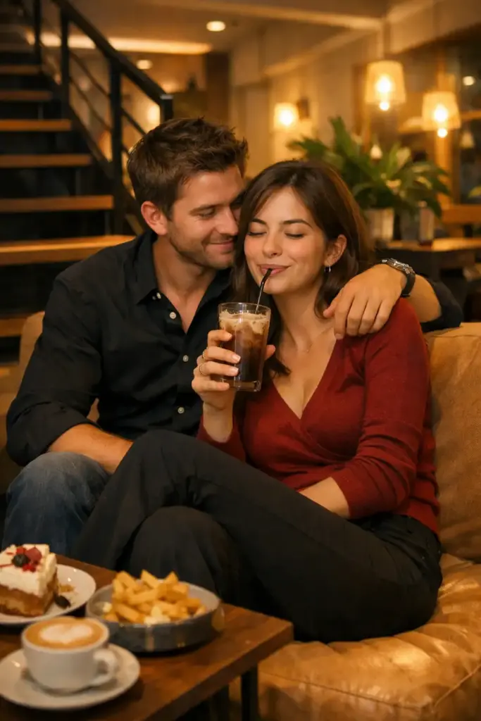 Create a candid, intimate couple portrait captured inside a modern café with warm ambient lighting. The man sits slightly behind the woman on a soft tan chair, leaning in affectionately with his arm wrapped around her shoulders. He wears a black button-down shirt and looks at her with a gentle, loving smile. The woman sits relaxed, wearing a deep red top and black flared pants, sipping a drink through a straw with her eyes closed in a playful, happy expression. A small table in front of them holds plates of food and drinks, adding to the casual date atmosphere. The background shows stylish black metal stairs, indoor plants, and soft architectural lighting that gives the scene a cozy, contemporary vibe.