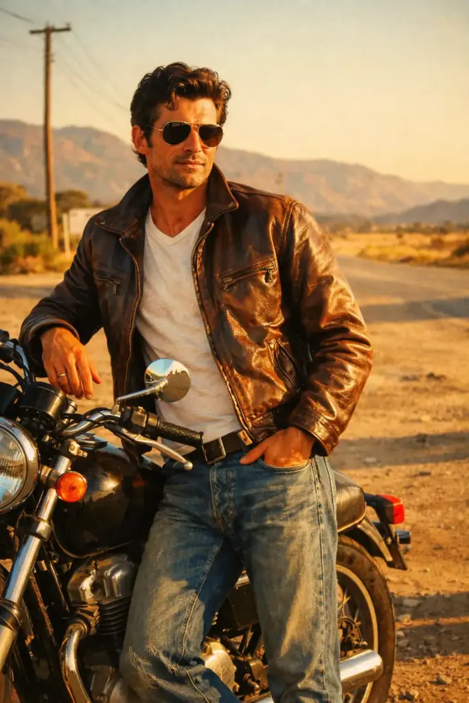 Create a stylish vintage portrait of a man wearing a leather jacket, faded denim pants and aviator sunglasses. He should pose with one hand resting on a retro motorcycle and the other tucked in his pocket. Use warm late afternoon lighting that creates long shadows on the ground. Apply a slightly saturated 1970s color tone. Set the background in an open roadside area with dusty terrain and hills far behind.