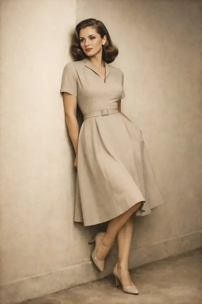 Create an elegant 1950s-style fashion portrait of a woman leaning casually against a wall, one knee slightly bent and one shoulder resting back. She wears a structured midi dress with a defined waist and clean lines, paired with classic heels. Her hair is styled in smooth vintage waves, tucked neatly behind one ear. Her expression is poised and self-assured, eyes looking slightly off-camera. The color palette is muted and warm, with gentle fading, soft contrast, and a polished magazine-style finish.