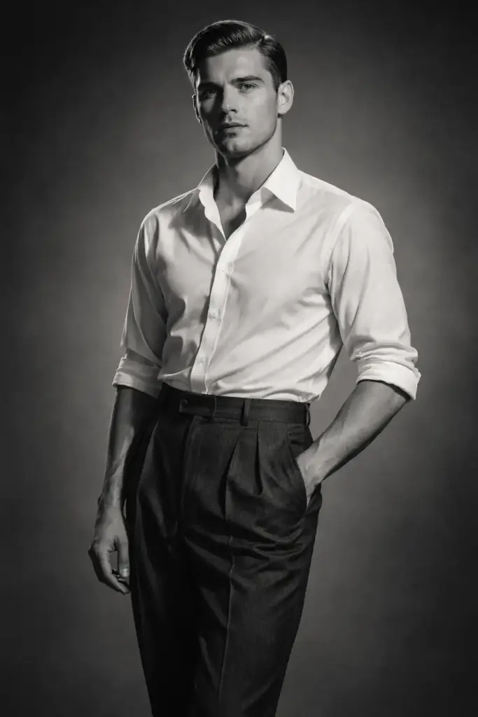 Create a stylish 1940s-inspired monochrome portrait of a man standing confidently with his weight shifted slightly onto one leg, shoulders relaxed and chin gently lifted. One hand rests in his trouser pocket while the other hangs loosely by his side. He wears high-waisted tailored trousers, a fitted white shirt with rolled sleeves, and a slim dark belt. His hair is sharply side-parted and neatly groomed. The lighting is dramatic yet refined, with soft highlights on the face and controlled shadows that sculpt his features. The background is minimal and softly blurred, with fine film grain and subtle texture.