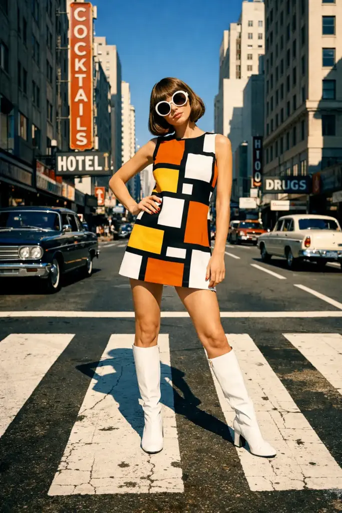 Create a stylish vintage portrait of a woman wearing a bold geometric mini dress, white knee-high boots and large round sunglasses. She should stand confidently in the middle of a crosswalk with one hand on her hip and a slight tilt to her head. Use bright daylight with crisp shadows that echo classic mod photography. Add a clean high-contrast color tone. Place tall buildings, old signboards and passing vintage cars in the background.