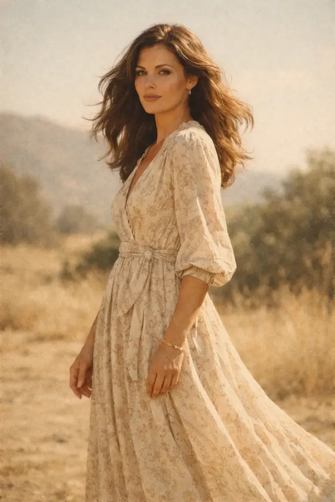 Create a chic 1970s-inspired outdoor portrait of a woman standing in open light, body angled slightly sideways with her head turned toward the camera. She wears a long, flowing dress with subtle patterns and a defined silhouette. Her posture is relaxed yet confident, one arm resting loosely by her side while the other bends gently at the elbow. Her hair falls naturally with a soft breeze. The lighting is warm and flattering, with faded tones, light grain, and a calm editorial feel.