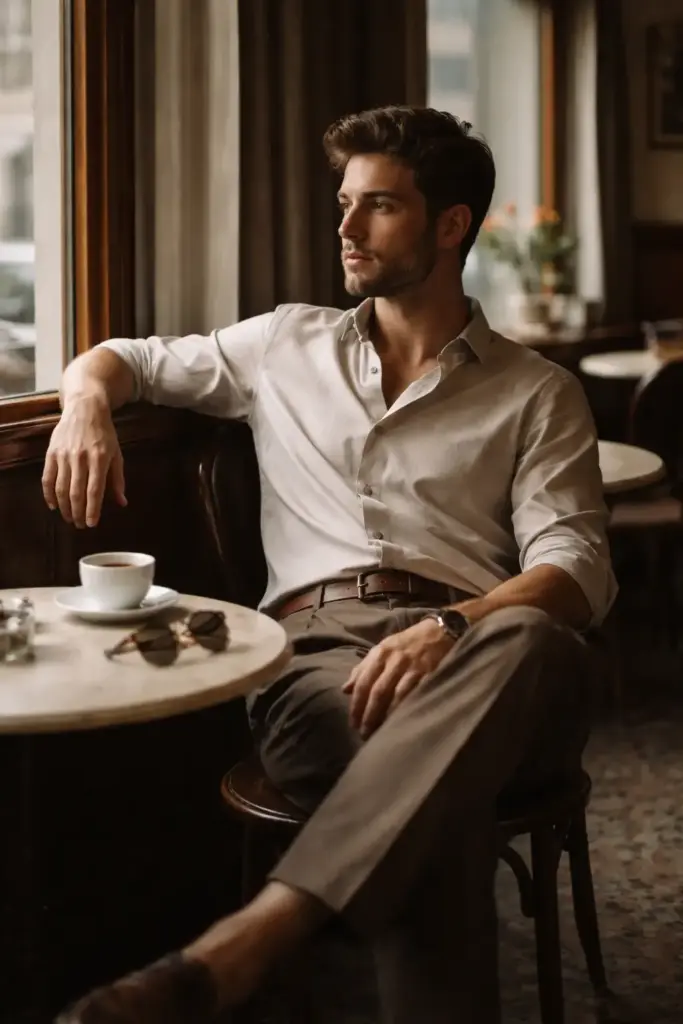 Create a stylish vintage café portrait of a man sitting alone at a small table, leaning back slightly with one arm resting over the back of the chair. His legs are crossed casually. He wears tailored trousers, a fitted shirt, and minimal accessories. His expression is calm and composed, eyes focused away from the camera. Soft window light wraps around him, creating depth and atmosphere. The colors are muted with a subtle matte finish and gentle film texture.