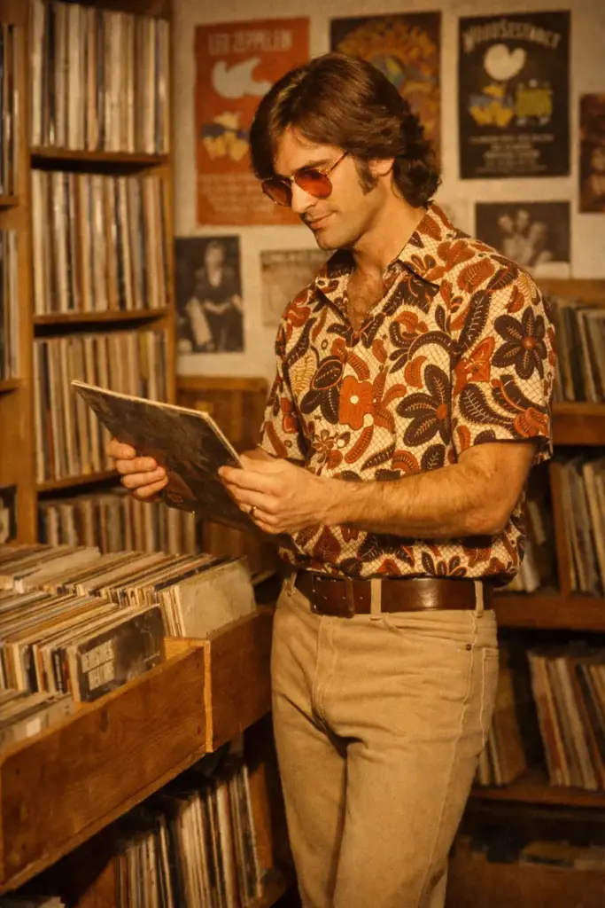 Create a vintage styled photo of a man wearing a patterned shirt, flared pants and tinted glasses while browsing through vinyl records. He should stand with a relaxed posture while flipping through album covers. Use warm indoor light with soft shadows. Add a slightly saturated tone common in 1970s photos. Show shelves of records, posters and wooden racks in the background.
