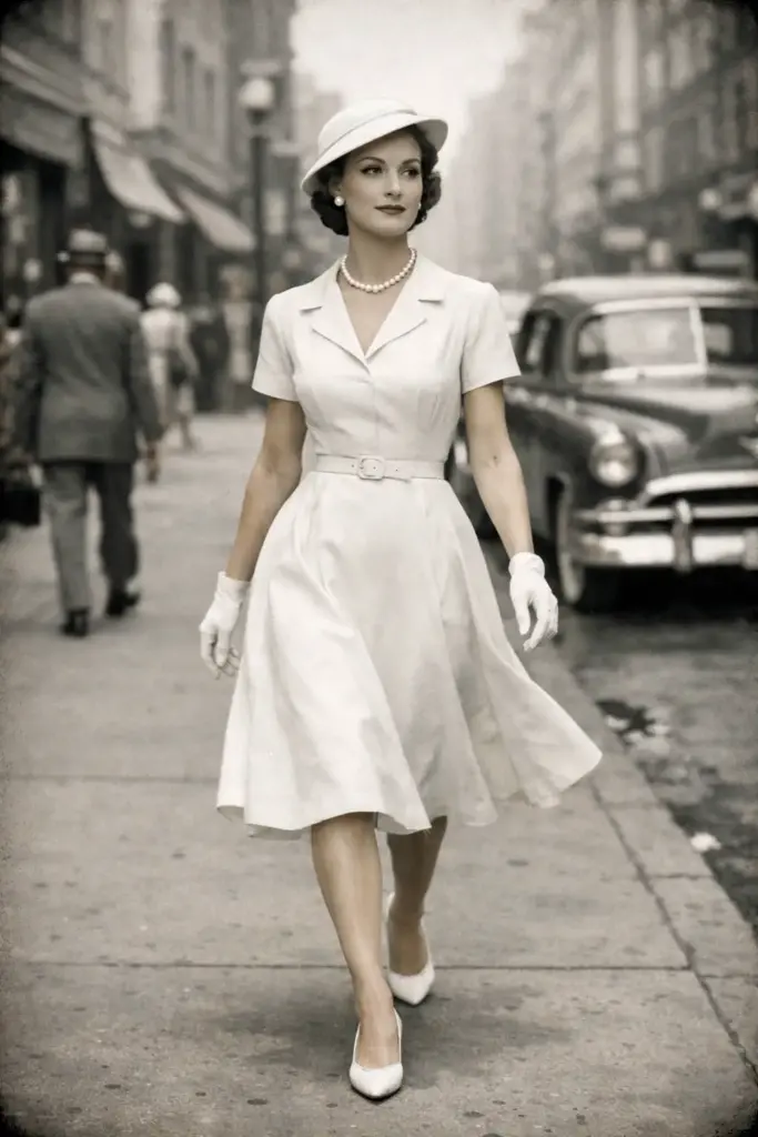 Create a fashion-driven 1950s street portrait of a woman walking confidently, captured mid-step with relaxed arms and an upright posture. She wears a clean, structured dress that moves slightly with her stride. Her expression is serene and assured. Natural daylight illuminates her evenly, with soft shadows and a lightly desaturated palette. The image feels timeless, polished, and quietly powerful, with fine film grain and subtle vignette.