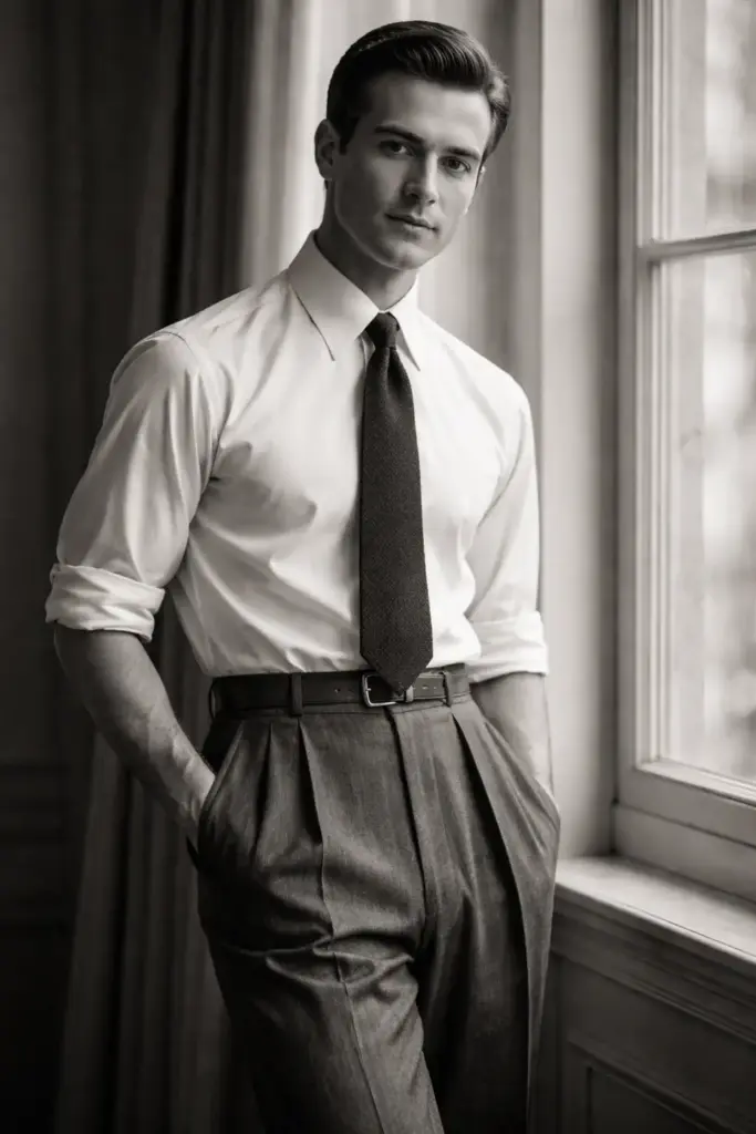 Create a refined 1940s-inspired portrait of a man standing near a tall window, body angled slightly to the side while his face turns calmly toward the camera. His posture is upright and composed, shoulders relaxed. One hand rests lightly in his trouser pocket, the other hangs naturally. He wears high-waisted tailored trousers, a crisp fitted shirt with the sleeves neatly rolled, and polished leather shoes. His hair is cleanly side-parted and slicked back. Soft window light shapes his face, with smooth shadows and fine monochrome grain.