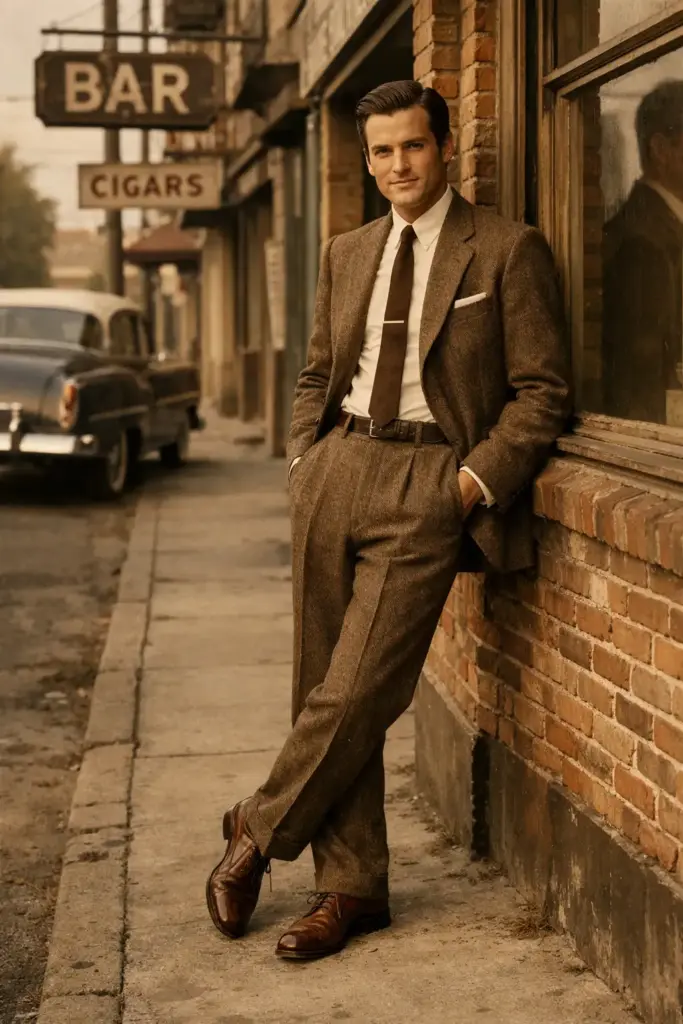 Create a stylish vintage portrait of a man dressed in a tailored brown tweed suit, a cream shirt, a slim tie and polished leather shoes. He should stand with a relaxed upright posture while leaning slightly against a brick storefront. Use soft natural lighting that highlights the textures of the fabric. Add a muted warm color tone inspired by 1950s film photography. Set the background on a quiet retro street with old signboards and a parked classic car.