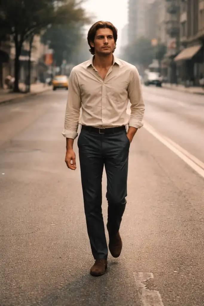 Create a late-1960s cinematic street portrait of a man walking slowly down an empty road, shoulders relaxed, gaze forward and thoughtful. His posture is natural and confident. He wears slim trousers, a fitted long-sleeve shirt with the cuffs unbuttoned, and understated shoes. His hair is medium length and brushed back casually. Natural daylight creates gentle contrast, with desaturated tones, soft focus in the background, and visible film grain.