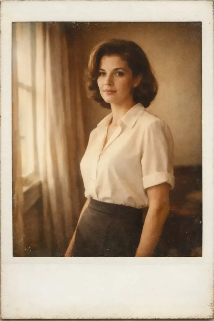 Create a stylish vintage Polaroid photograph of a woman as the main subject, framed within the classic white Polaroid border. She stands indoors near a softly lit window, body angled slightly to the side with relaxed shoulders and an upright posture. Her hands rest naturally by her sides, and her expression is calm, confident, and quietly reflective. She wears a clean, well-fitted blouse tucked into a high-waisted skirt with a smooth, elegant silhouette. Her hair is softly styled with subtle volume, keeping a refined vintage look. The lighting is warm and natural, creating gentle shadows and slight uneven exposure typical of instant film. The image features muted colors, soft blur, visible film grain, slight color shifts, and light imperfections, capturing the authentic Polaroid aesthetic while maintaining a fashion-forward vintage mood.