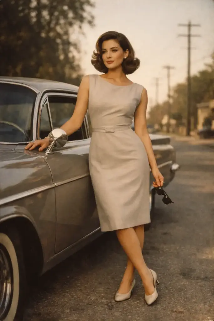 Create a stylish vintage fashion portrait of a woman leaning confidently against a classic retro car from the 1960s, parked on a quiet street. She stands with one hip slightly pushed out, one hand resting on the car door near the handle, and the other holding sunglasses loosely at her side. Her posture is relaxed yet powerful. She wears a fitted knee-length dress with clean lines and a defined waist, paired with classic low heels. Her hair is styled in soft, polished vintage waves, neatly framing her face. Her expression is calm and self-assured, eyes looking slightly past the camera. The lighting is warm and directional, creating gentle highlights on the car's curves and soft shadows on her face. The colors are subtly faded with a matte finish, light film grain, and a refined editorial vintage mood.