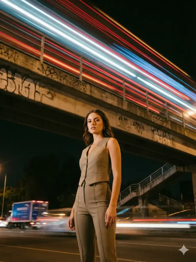 Create a distinctive night portrait of a woman standing under a pedestrian overpass with light streaks from passing traffic above. She wears a sleeveless top and fitted pants. Soft ambient light illuminates her face while motion blur adds energy to the background. The scene feels dynamic yet controlled, with a fashion editorial mood. Use aspect ratio 3:4.