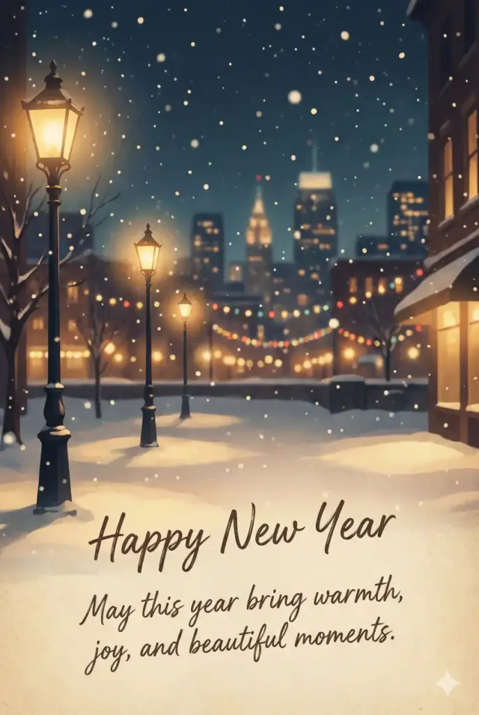 Create a cozy New Year greeting card showing a winter night scene with softly falling snow, glowing street lamps, and blurred city lights in the background. In the foreground, include handwritten-style text that reads "Happy New Year" and a secondary line saying "May this year bring warmth, joy, and beautiful moments." Use warm tones, soft shadows, and a calm festive atmosphere. Use aspect ratio 2:3.