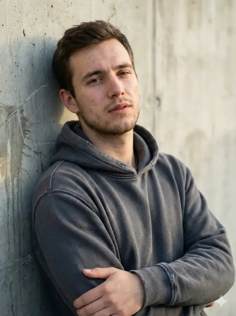 Create a hyper realistic photo of a young man leaning against a slightly scratched concrete wall, arms loosely crossed, shoulders relaxed. He is wearing a plain cotton hoodie with minor fabric pilling and faded edges near the cuffs. Natural side lighting reveals realistic skin pores, faint acne marks, and uneven facial hair growth. The background shows subtle wall stains and texture, softly blurred like a real portrait shot taken with a mid-range lens. Use aspect ratio 3:4.