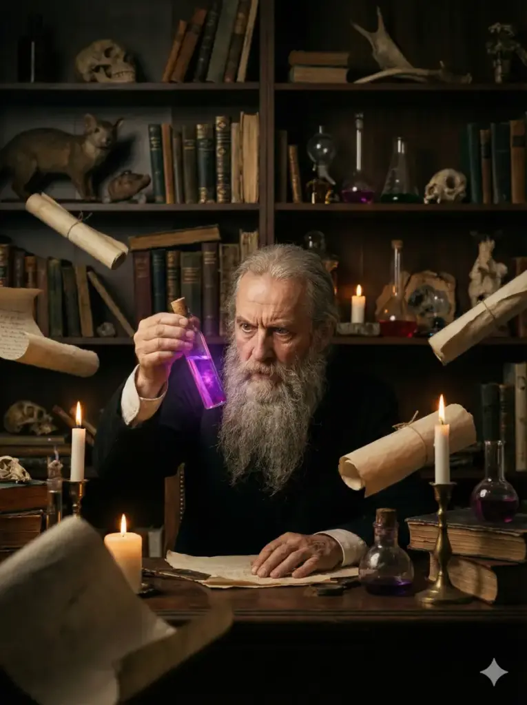 Create a detailed photo of a mysterious man sitting at a wooden desk in a cluttered, vintage study filled with curiosities. He is examining a glass vial containing a glowing purple liquid. The room is filled with floating scrolls, burning candles, and shelves of old books. The lighting is low-key, inspired by Rembrandt paintings, focusing on the man's intense expression and the glow of the potion. Use 3:4 aspect ratio.