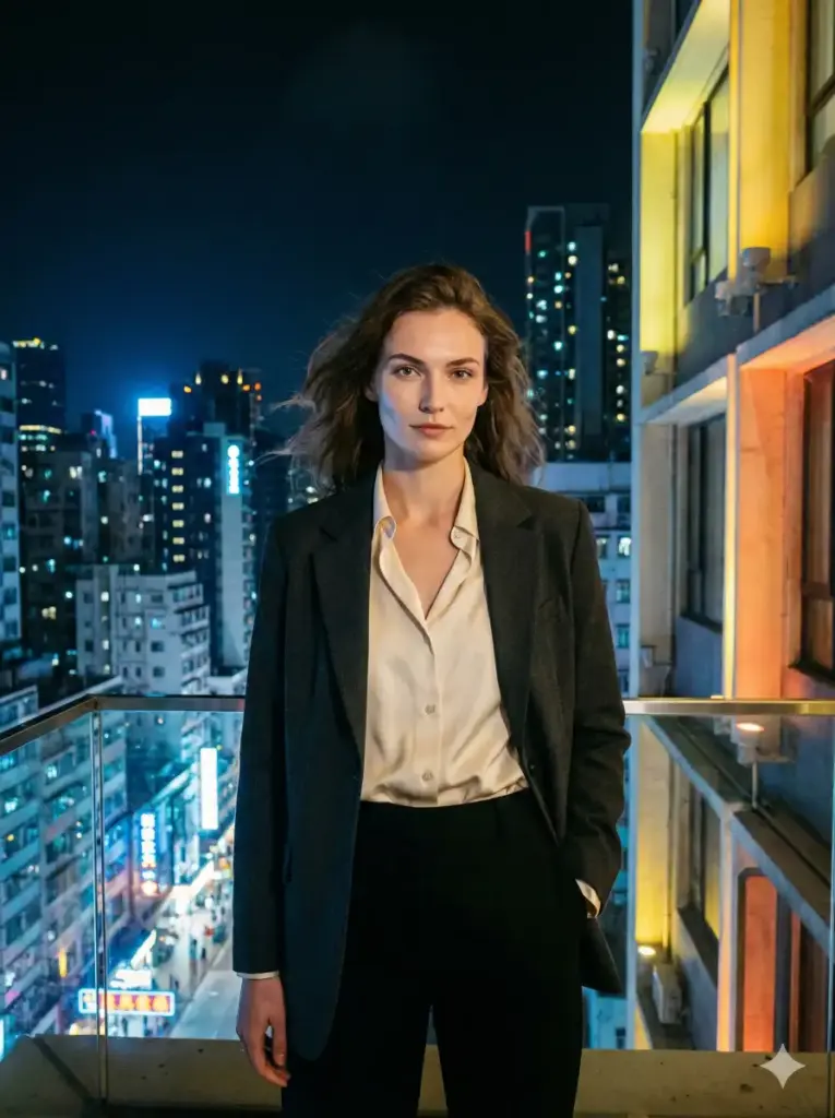 Create a modern night portrait of a woman standing on a rooftop overlooking a city skyline filled with glowing windows and distant neon lights. She wears a minimalist outfit with clean lines and neutral colors. A soft breeze moves her hair naturally. Cool blue city light mixes with warm highlights from nearby architectural lighting, creating balanced contrast on her face. Emphasize realistic lighting, sharp facial details, and a confident, calm mood. Use aspect ratio 3:4.