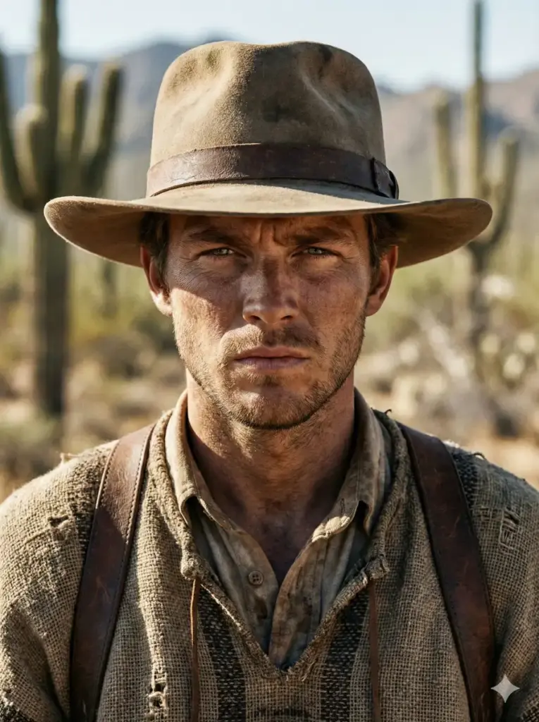 Create a rugged, intense portrait of a young man in the American Old West. He is wearing a dusty, wide-brimmed cowboy hat and a worn poncho over a dirty shirt. He has light stubble and piercing eyes squinting against the harsh sun. The background is a blurred desert landscape with cactus and heat waves visible. The lighting is hard, directional sunlight (Rembrandt lighting) that accentuates the texture of his skin and the fabric of his clothes. Extreme detail on the leather textures. Techniscope film aesthetic. Use aspect ratio 3:4.