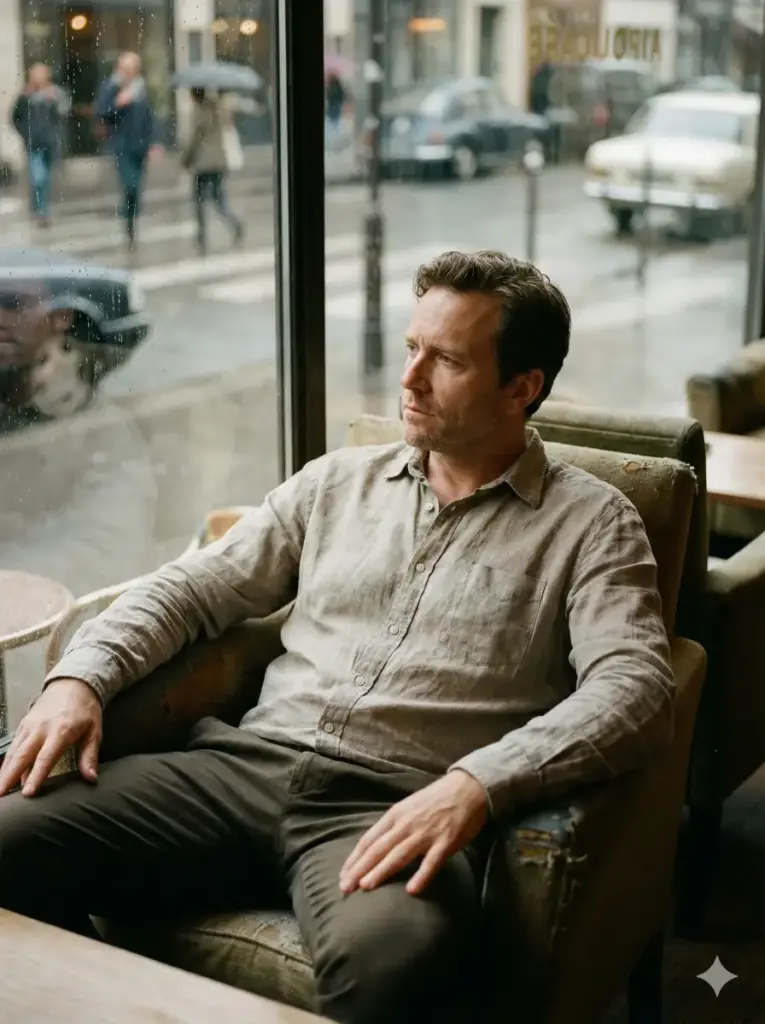 Create a cinematic portrait of a man sitting near a café window while wearing a relaxed button-down shirt and dark chinos. Show him leaning back with a thoughtful expression while natural light falls gently across his face. Keep the color tone warm and slightly desaturated. Add reflections on the glass and blurred street movement outside. Use aspect ratio 3:4.