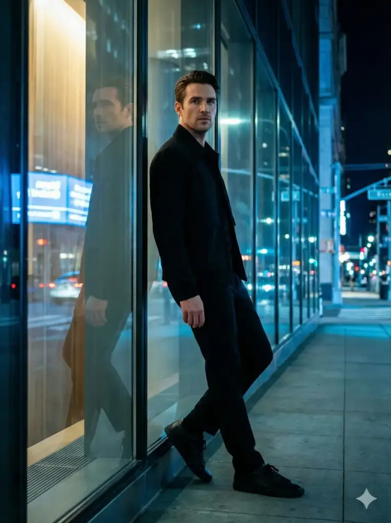 Create a sleek night portrait of a man leaning casually against a glass building facade reflecting city lights. He wears a monochrome outfit with a structured jacket and minimal sneakers. Cool blue tones from nearby lights contrast with subtle warm highlights on his face. Capture sharp facial detail, polished styling, and a modern luxury aesthetic with controlled lighting and shallow depth of field. Use aspect ratio 3:4.