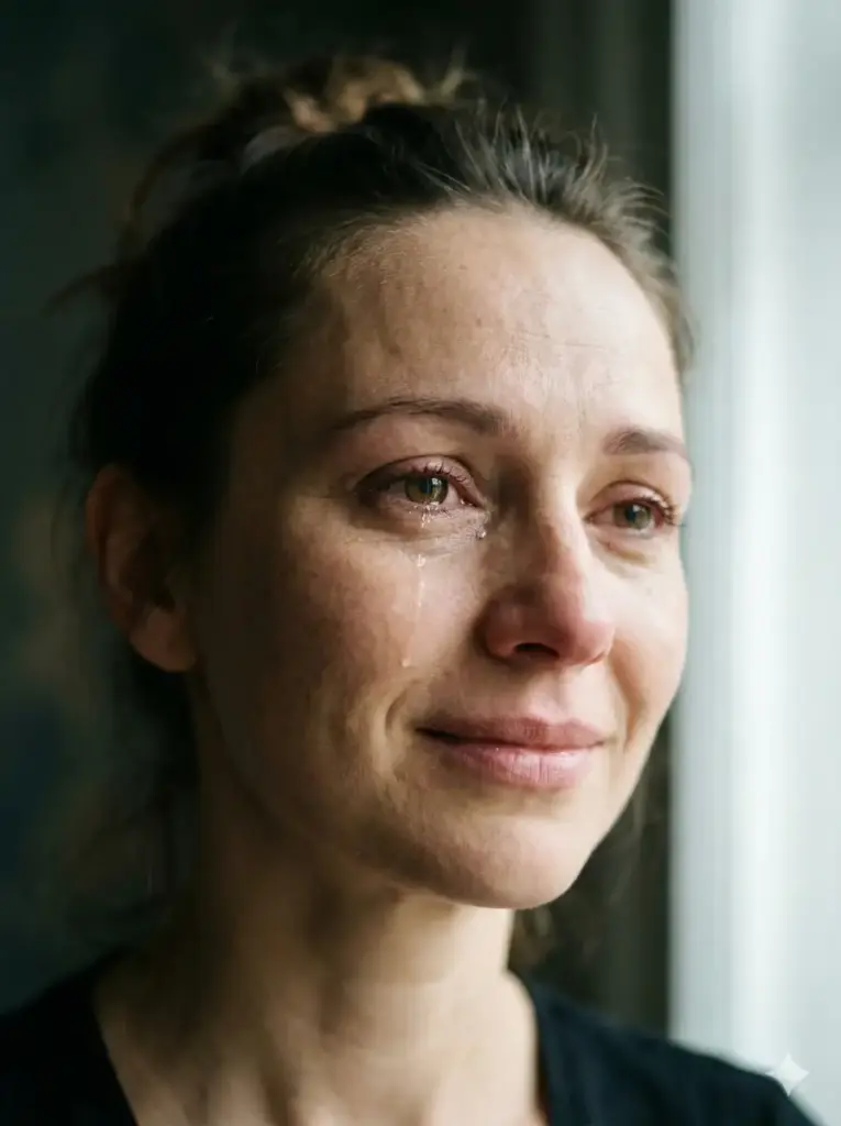 Create a soulful photo of a woman with tears forming in her eyes but a faint hopeful smile on her lips, soft diffused light, natural makeup, realistic skin imperfections, dark blurred background, emotional contrast between sadness and hope, intimate portrait photography. Use aspect ratio 3:4.
