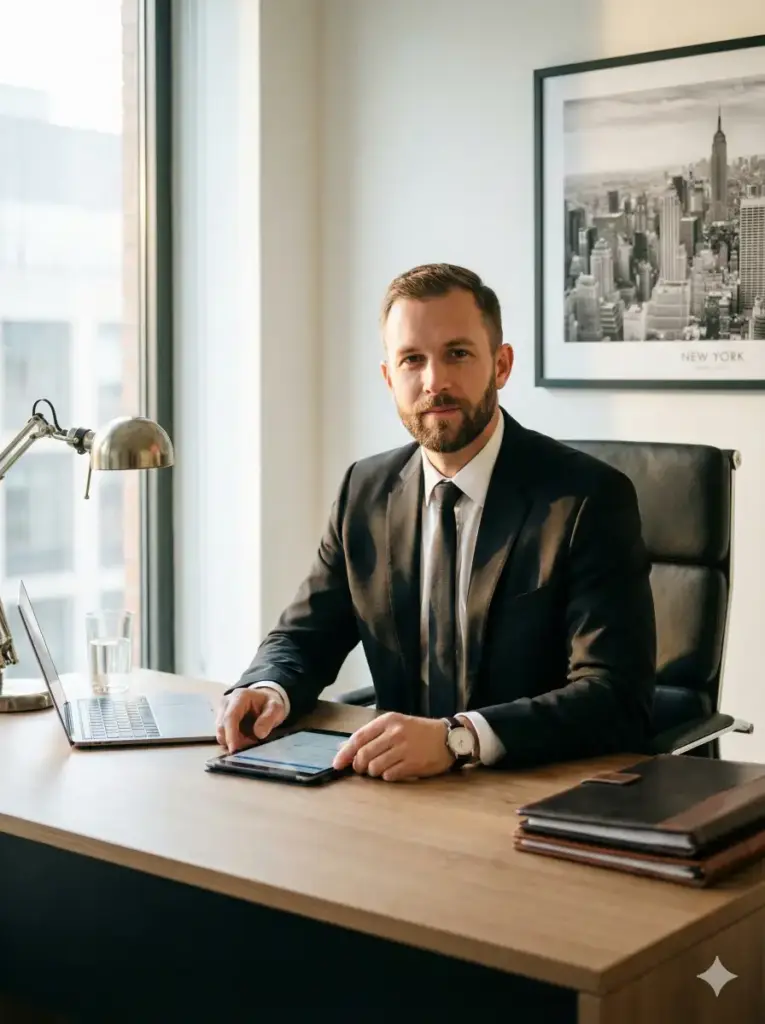 Create a photo of a CEO sitting at a clean executive desk, body facing slightly toward the camera, elbows resting lightly, tablet in hand. Dress him in a tailored black suit, white shirt, slim tie, short groomed beard, and classy watch. Surround him with items like a metal desk lamp, an open laptop, a glass of water, stacked documents, and a framed monochrome cityscape on the wall. Ambient light should be soft, with warm highlights and shadows that show texture on the suit fabric. Smooth color grading and natural skin tone, aspect ratio 3:4.