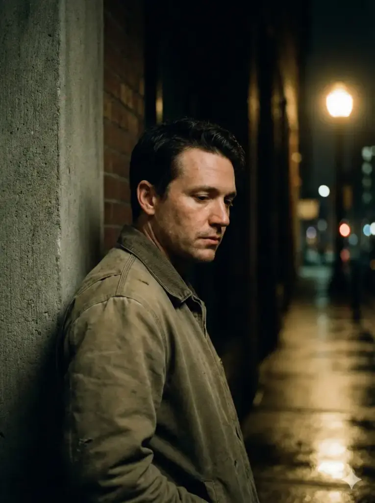 Create a moody nighttime portrait of a man leaning against a concrete wall under soft ambient light. The background is dark with faint urban textures and distant blurred lights. He wears a casual jacket and looks slightly off-camera with a thoughtful expression. The lighting should be low-key, with gentle highlights on one side of his face and smooth shadow transitions. Focus on realism, natural skin texture, and a quiet, grounded atmosphere. Use aspect ratio 3:4.