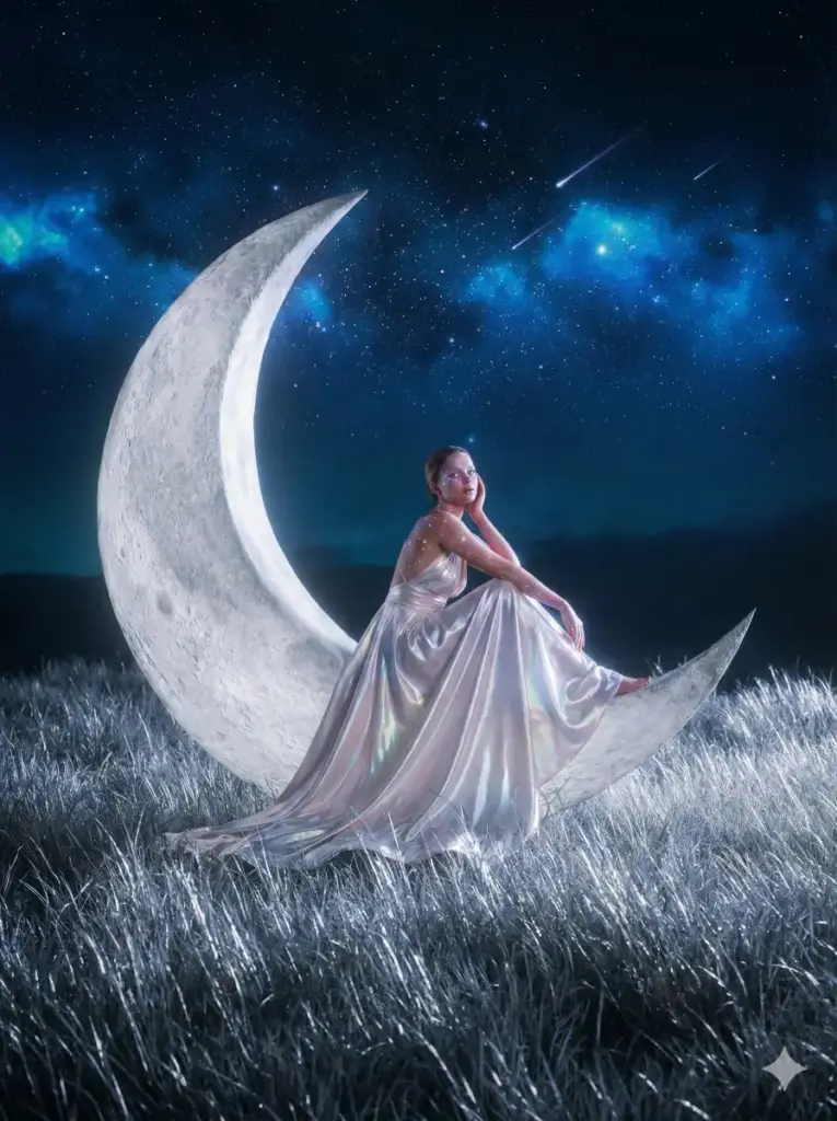 Create a surreal, high-definition photo of a woman sitting on a giant, crescent moon that is resting in a field of tall, silver grass. She wears a flowing gown made of shimmering pearlescent fabric. Her skin glows faintly with starlight. The sky is a deep indigo canvas filled with shooting stars and nebulae. The lighting is cool and ethereal, contrasting with the dark landscape. Use 3:4 aspect ratio.