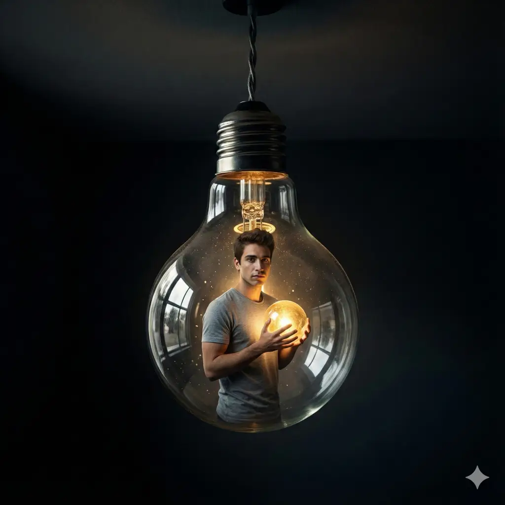 Create a creative surreal image of the person in the attached photo trapped inside a large, clear Edison lightbulb. Instead of a filament, the person is standing there holding a glowing orb. The lightbulb is hanging from the ceiling in a dark room, illuminating the person's face. High contrast, dramatic lighting. Aspect ratio 1:1.