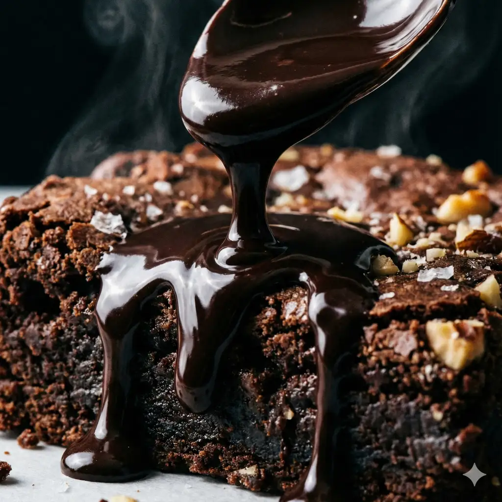 Create a decadent close up of thick, dark chocolate melting. Focus on the glossy, viscous stream of chocolate pouring over a textured surface. Capture the highlights that make the liquid look silky and rich. The lighting should be high-contrast studio lighting to emphasize the sheen. Aspect Ratio 1:1.
