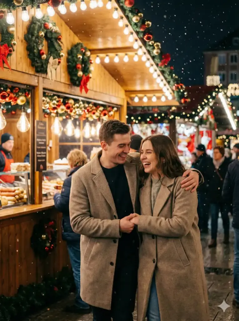 Create a romantic, candid photograph of a young couple walking through a bustling European Christmas market at night. They are laughing. The background is a beautiful blur of wooden stalls, festive wreaths, and strings of Edison bulbs hanging overhead. It is snowing lightly. The scene should look vibrant and festive, with rich colors of red, gold, and warm browns. Capture the genuine connection and joy between them. Use 3:4 aspect ratio.