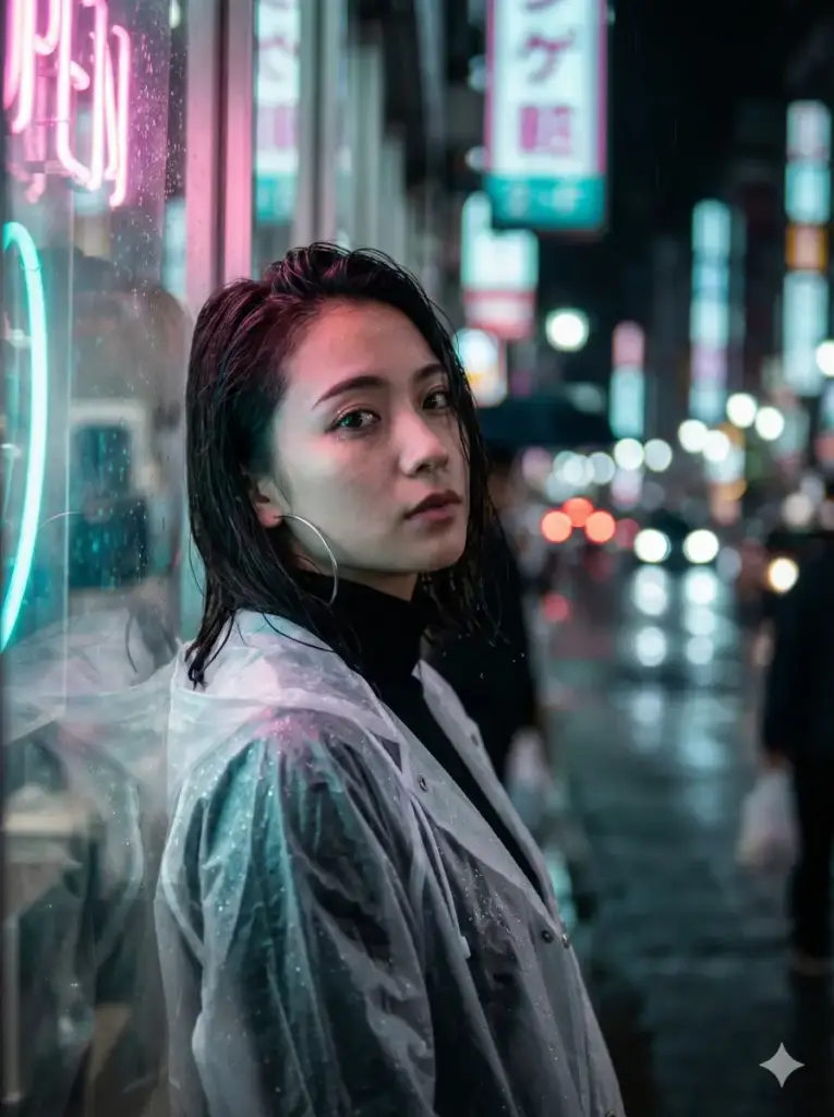 Create a hyper-realistic portrait of a young woman standing on a busy Tokyo street at night, illuminated by vibrant pink and teal neon signs. She is wearing a translucent plastic raincoat over a black turtleneck and silver hoop earrings. Her posture is relaxed, leaning one shoulder against a glass storefront, gazing directly into the camera lens with a mysterious expression. Rain droplets are visible on the plastic coat, reflecting the neon lights. The background is a beautiful creamy bokeh of city traffic and signage. The lighting should be cinematic, with a strong rim light highlighting her hair. Shot on a Sony A7R IV with an 85mm f/1.2 lens, capturing intricate skin texture and eye reflections. Use aspect ratio 3:4.
